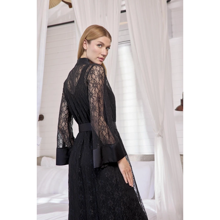 MARSiLYAN-  Uzun Kollu Dantelli ve Kuşaklı Sabahlık