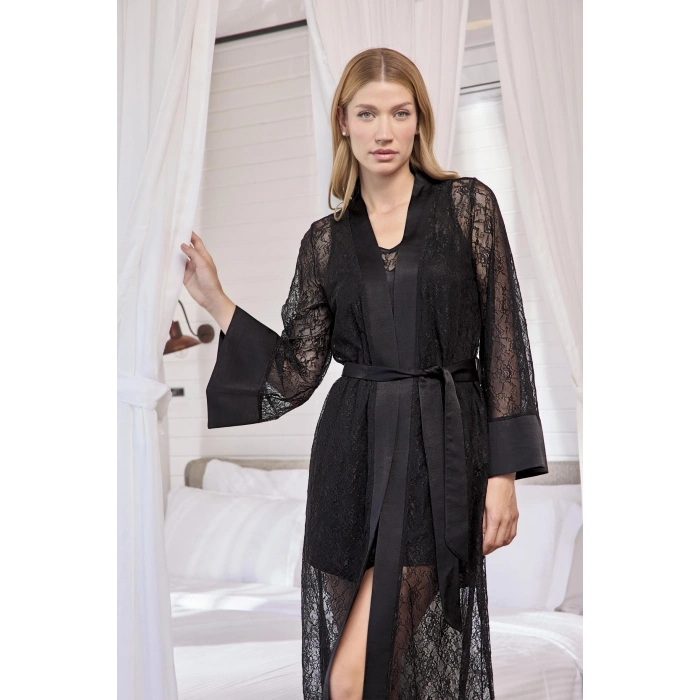 MARSiLYAN-  Uzun Kollu Dantelli ve Kuşaklı Sabahlık