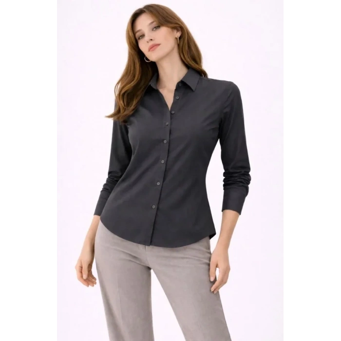 MARSiLYAN- Uzun Kollu Gömlek Düğmeli Klasik Yaka Günlük Ve Ofis Şıklığına Uygun - Füme