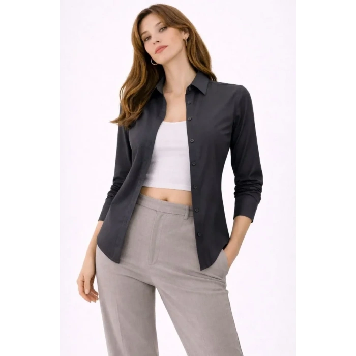 MARSiLYAN- Uzun Kollu Gömlek Düğmeli Klasik Yaka Günlük Ve Ofis Şıklığına Uygun - Füme