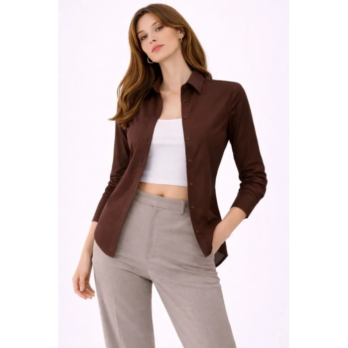 MARSiLYAN- Uzun Kollu Gömlek Düğmeli Klasik Yaka Günlük Ve Ofis Şıklığına Uygun - Kahverengi