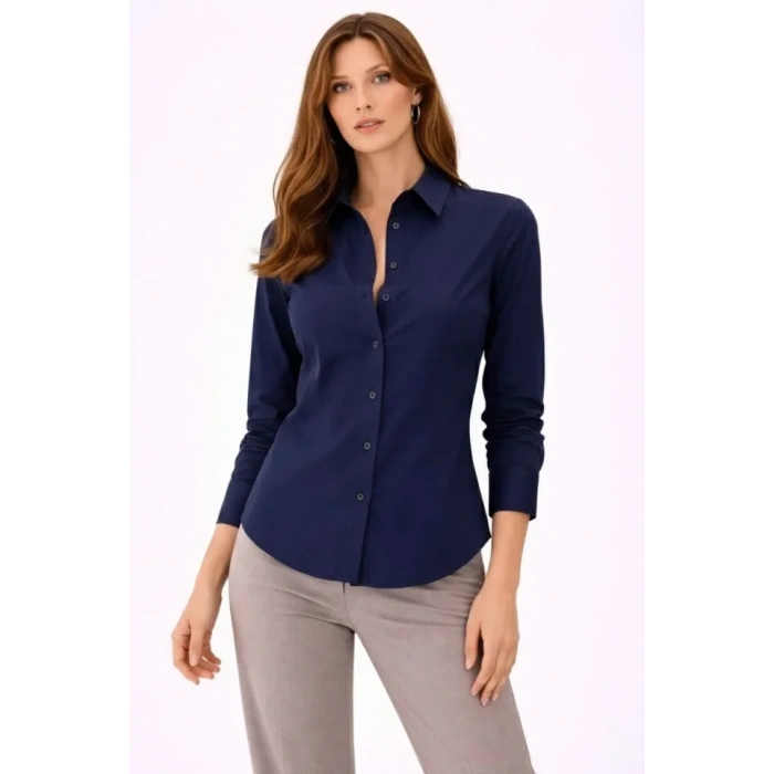 MARSiLYAN- Uzun Kollu Gömlek Düğmeli Klasik Yaka Günlük Ve Ofis Şıklığına Uygun - Lacivert