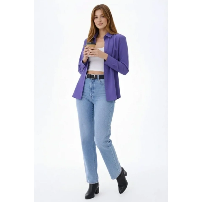 MARSiLYAN- Uzun Kollu Gömlek Düğmeli Klasik Yaka Günlük Ve Ofis Şıklığına Uygun - Mor