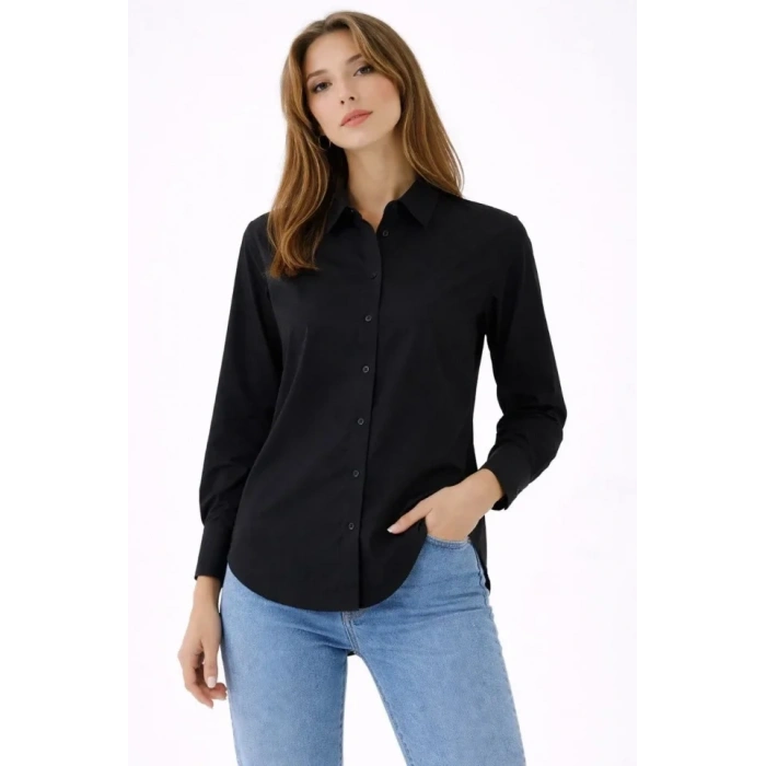 MARSiLYAN- Uzun Kollu Gömlek Düğmeli Klasik Yaka Günlük Ve Ofis Şıklığına Uygun - Siyah
