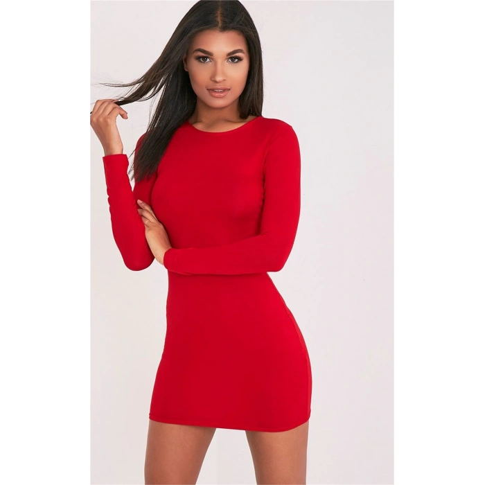 MARSiLYAN- Uzun Kollu Mini Kırmızı Elbise
