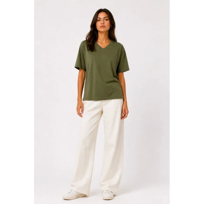 MARSiLYAN- V Yaka Basic Tişört Kısa Kol Yazlık Regular Fit T-Shirt - Haki