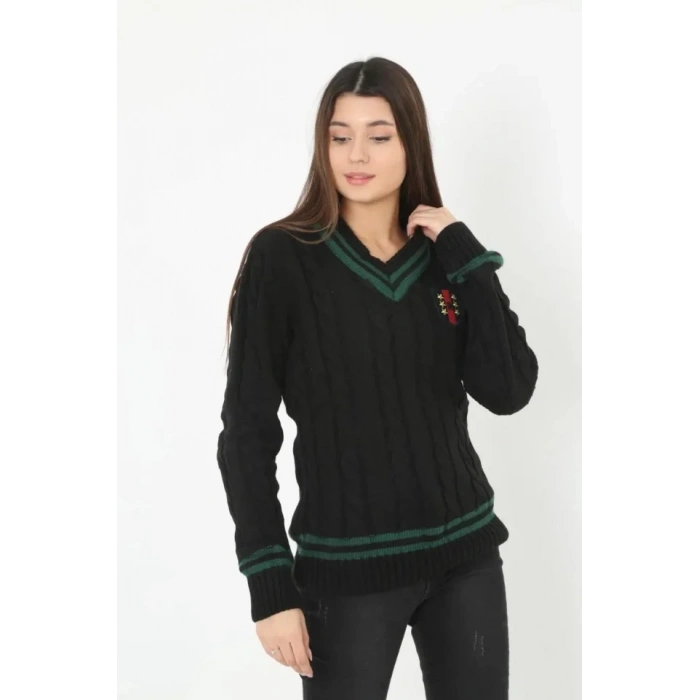 MARSiLYAN- V Yaka Örgülü Kazak - Siyah