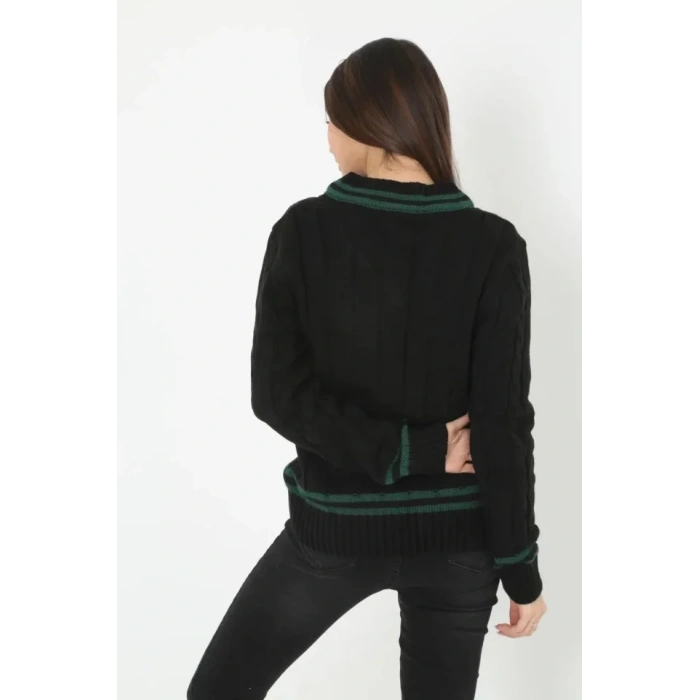 MARSiLYAN- V Yaka Örgülü Kazak - Siyah