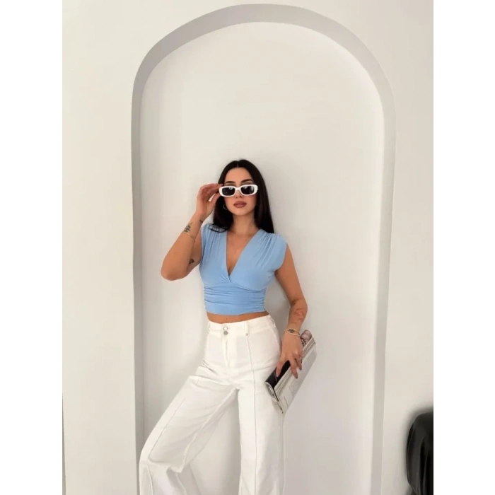 MARSiLYAN- Vatkalı Kolsuz V Yaka Drapeli Crop Bluz Likralı Fit - Bebek Mavisi