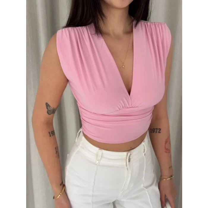 MARSiLYAN- Vatkalı Kolsuz V Yaka Drapeli Crop Bluz Likralı Fit - Pembe