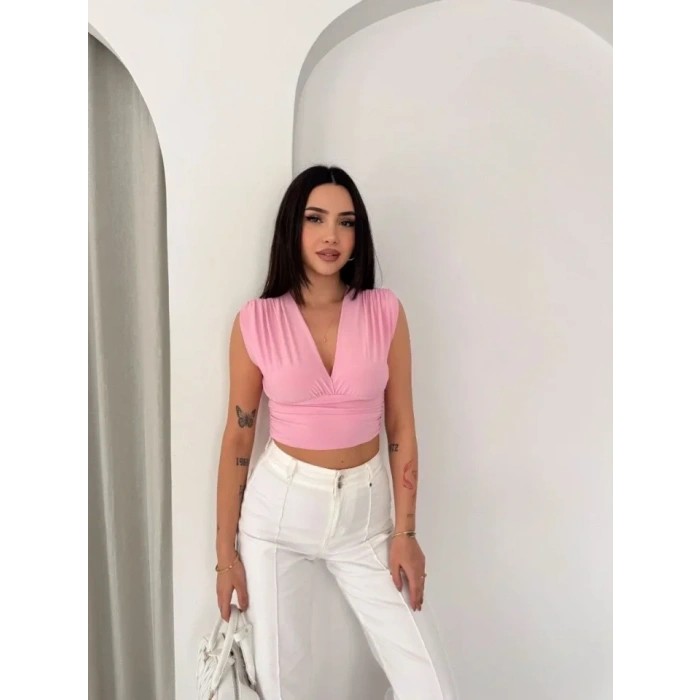 MARSiLYAN- Vatkalı Kolsuz V Yaka Drapeli Crop Bluz Likralı Fit - Pembe