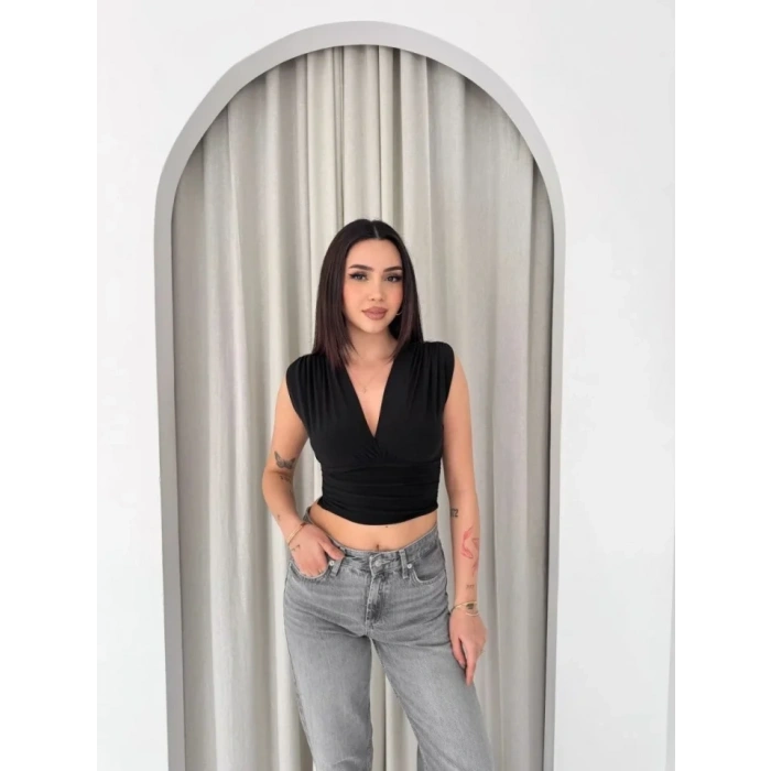 MARSiLYAN- Vatkalı Kolsuz V Yaka Drapeli Crop Bluz Likralı Fit - Siyah