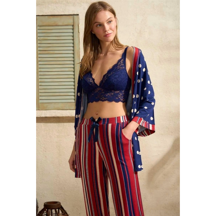 MARSiLYAN-  Viskon Puantiyeli Sabahlık Balensiz Desteksiz Dolgusuz Dantelli Bralet Sütyen ve Çizgili Pantolon Pijama 3lü Takım