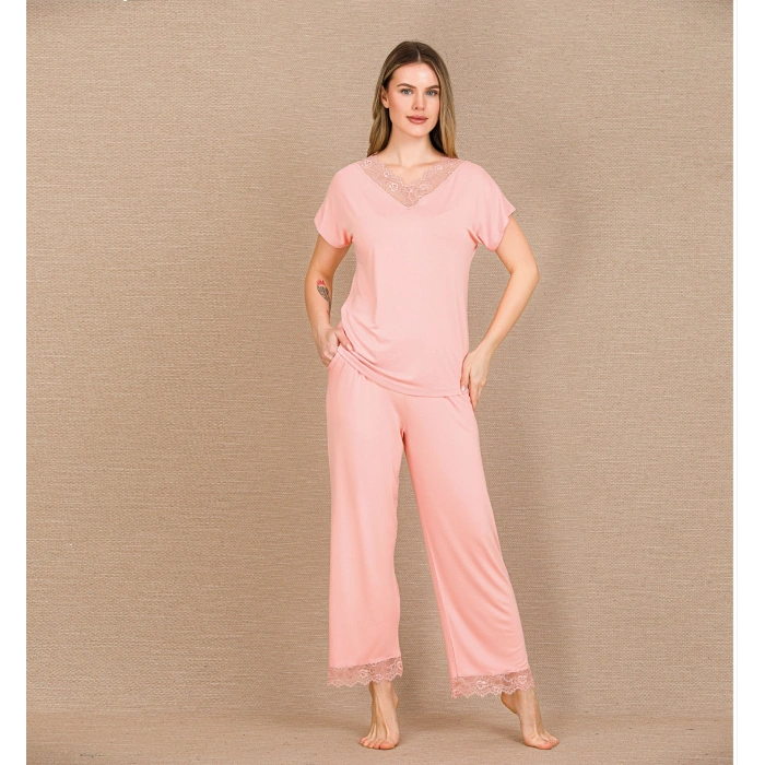 MARSiLYAN-  Viskon Şık Tasarım Dantel İşlemeli Açık Pembe Kısa Kol Pijama Takımı