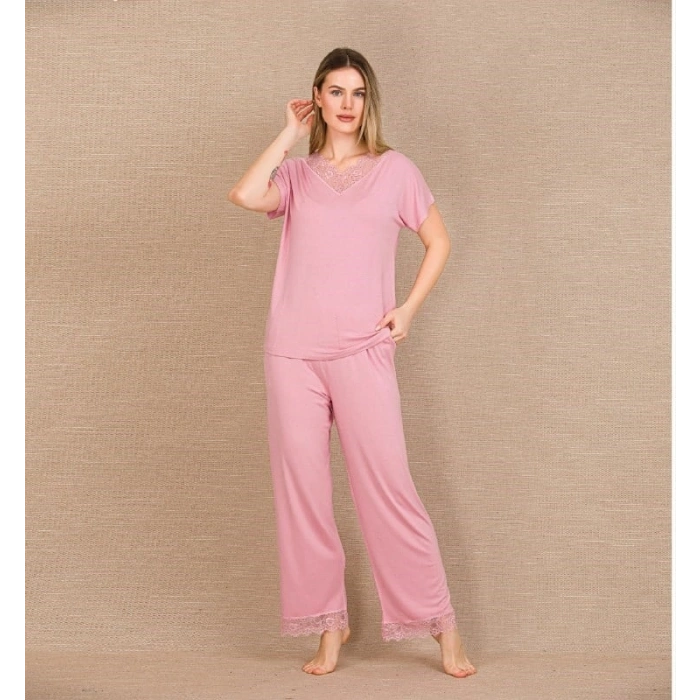 MARSiLYAN-  Viskon Şık Tasarım Dantel İşlemeli Pembe Kısa Kol Pijama Takımı