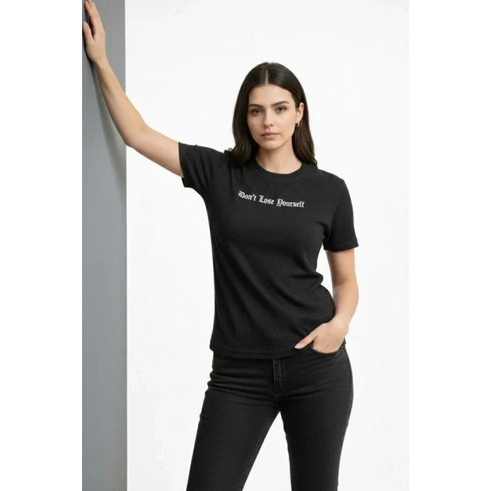 MARSiLYAN- Wafıl Kumaş Tişört Regular Kalıp Bisiklet Yaka Baskılı Günlük Basic T-Shirt - Siyah