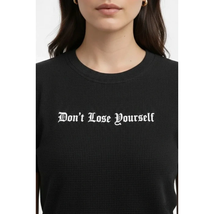 MARSiLYAN- Wafıl Kumaş Tişört Regular Kalıp Bisiklet Yaka Baskılı Günlük Basic T-Shirt - Siyah