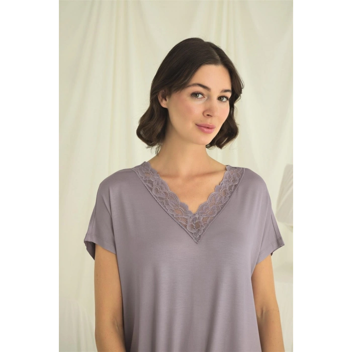 MARSiLYAN-  Yakası Dantelli Kısa Kollu Gecelik