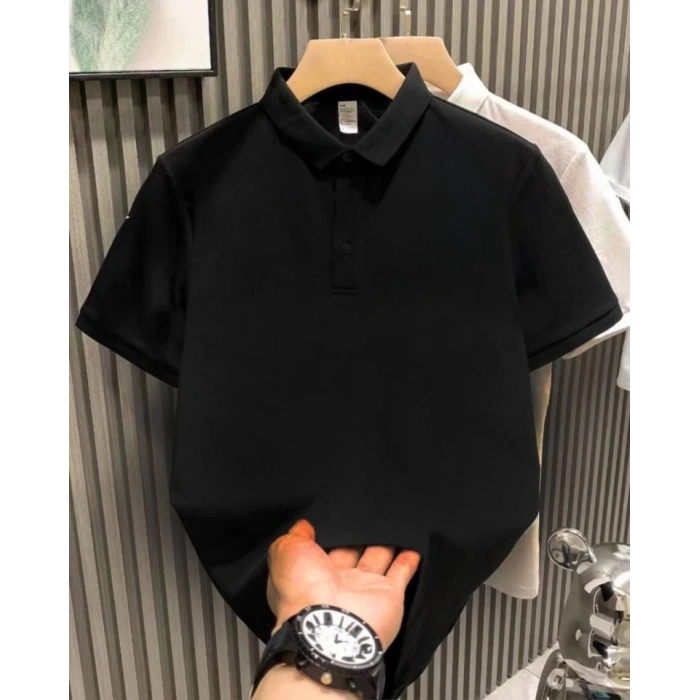 MARSiLYAN- Yakası Düğmeli Yakalı Pike Düz T-Shirt - Siyah