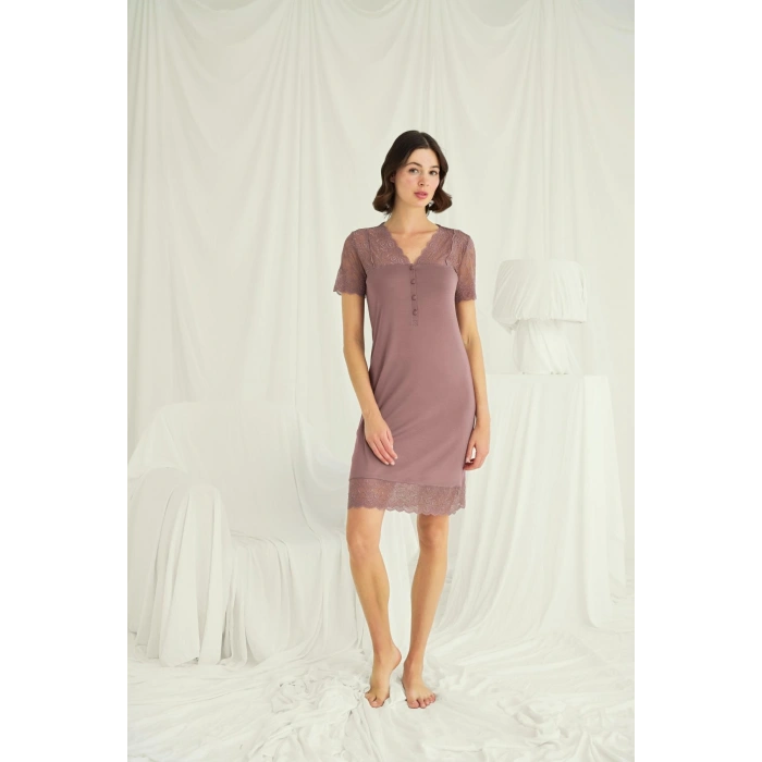 MARSiLYAN-  Yakası Kolu Omzu ve Eteği Dantelli Önü Düğmeli Gecelik