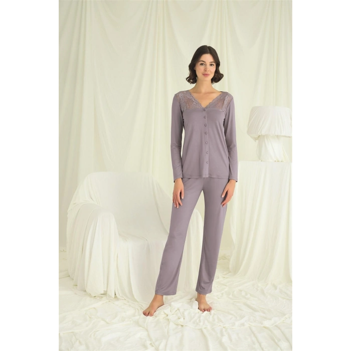 MARSiLYAN- Yakası Kolu Ve Omzu Dantelli Boydan Düğmeli Pijama Takımı