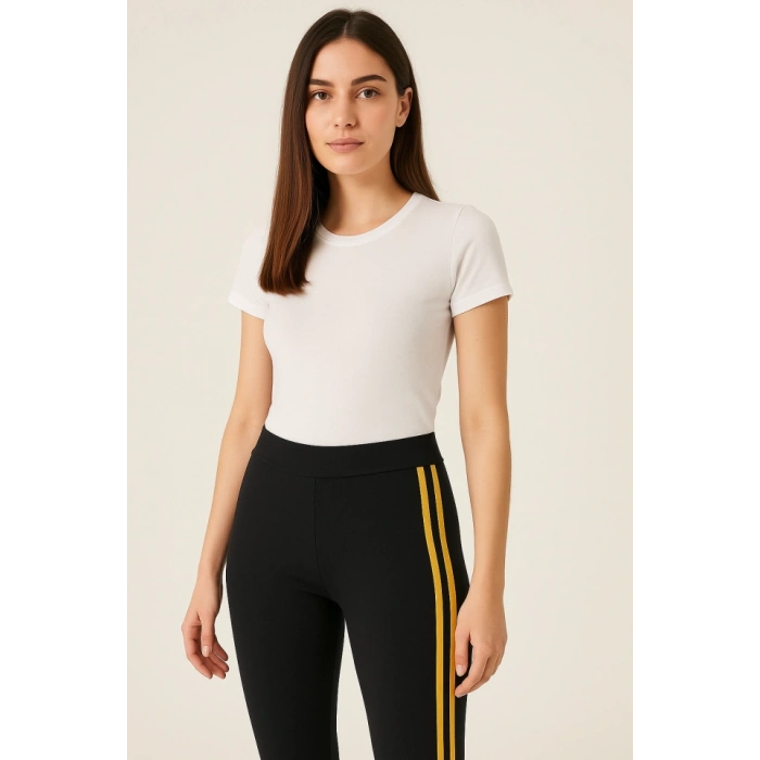 MARSiLYAN- Yanı Sarı Şeritli Her Gardıropta Olması Gereken Tayt - Lacivert