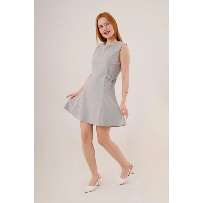 MARSiLYAN- Yanları Zincir Detaylı Sıfır Kol Gri Mini Elbise