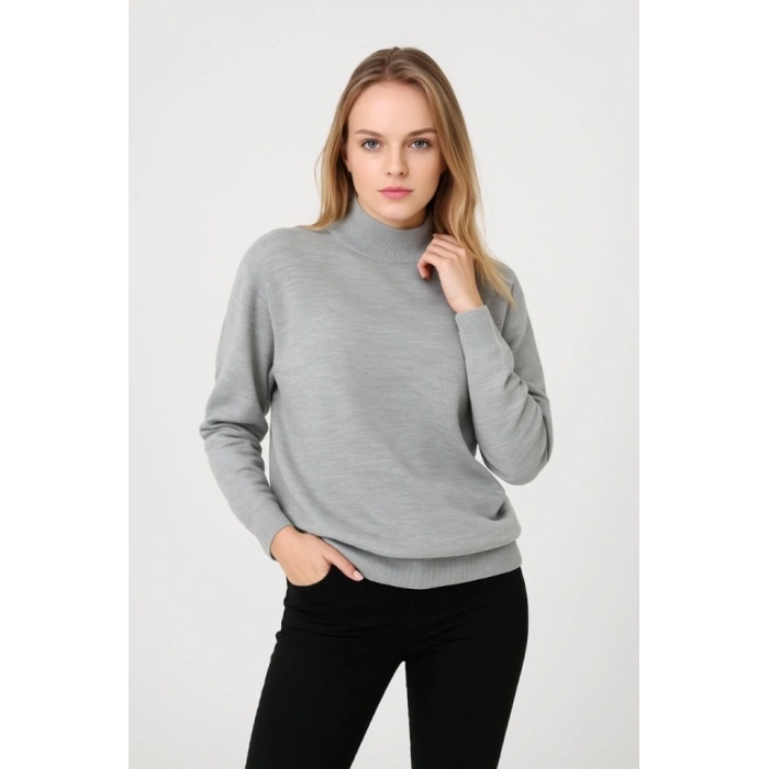 MARSiLYAN- Yarım Boğaz Triko Kazak Yumuşak Dokulu Pamuklu Ince Dokuma, Uzun Kollu Rahat Regular Kalıp - Gri