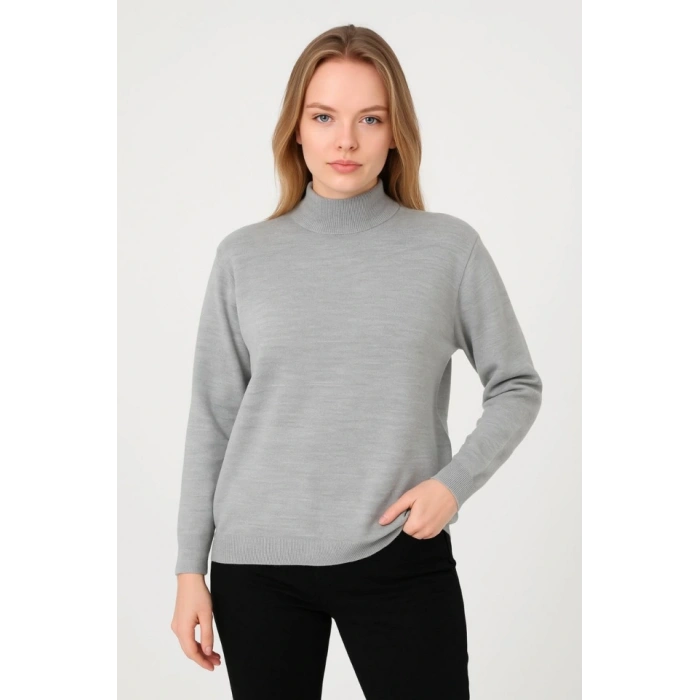 MARSiLYAN- Yarım Boğaz Triko Kazak Yumuşak Dokulu Pamuklu Ince Dokuma, Uzun Kollu Rahat Regular Kalıp - Gri