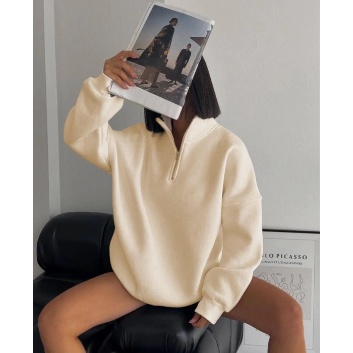 MARSiLYAN- Yarım Fermuarlı Üç İplik Sweatshirt - Bej