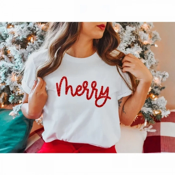 MARSiLYAN- Yılbaşı Merry Christmas Baskılı Kısa Kollu Oversize Bisiklet Yaka T-shirt - Beyaz