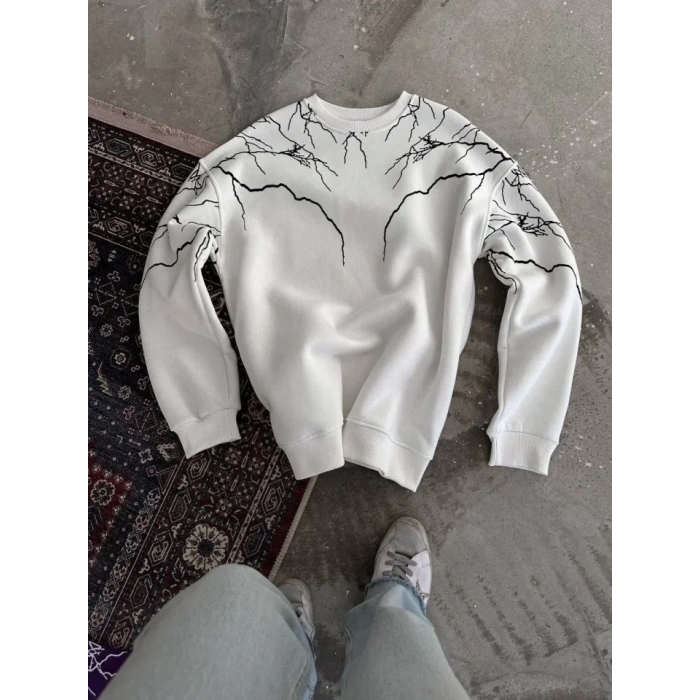 MARSiLYAN- Yıldırım Baskılı Bisiklet Yaka SweatShirt - Beyaz