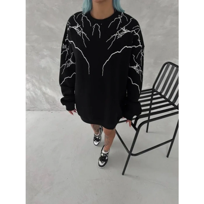 MARSiLYAN- Yıldırım Baskılı Bisiklet Yaka SweatShirt - Siyah