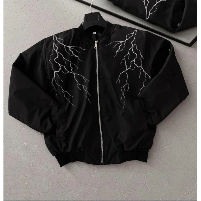 MARSiLYAN- Yıldırım Baskılı Uzun Kol Bomber Ceket - Siyah