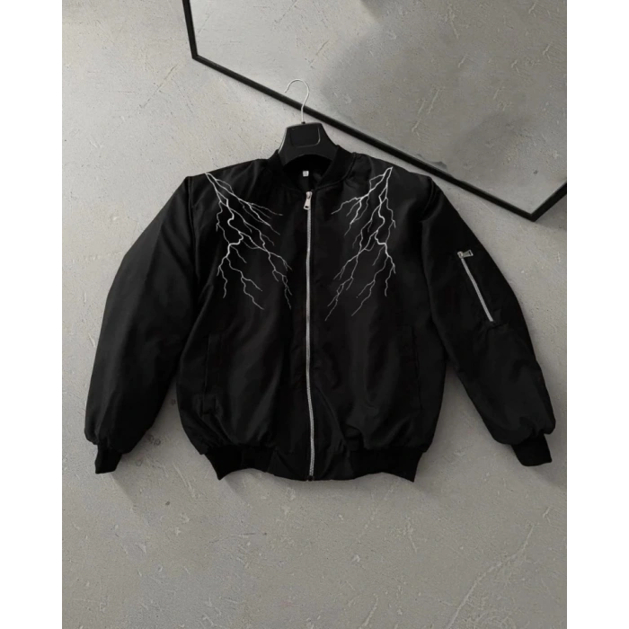 MARSiLYAN- Yıldırım Baskılı Uzun Kol Bomber Ceket - Siyah