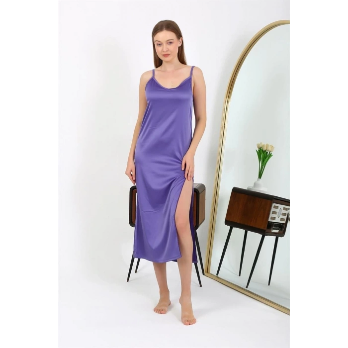 MARSiLYAN- Yırtmaçlı Uzun Saten Gecelik Mor