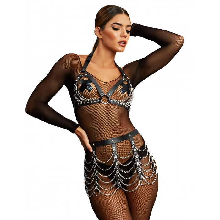 MARSiLYAN-  Zincir Detaylı Fantezi Harness Aksesuar