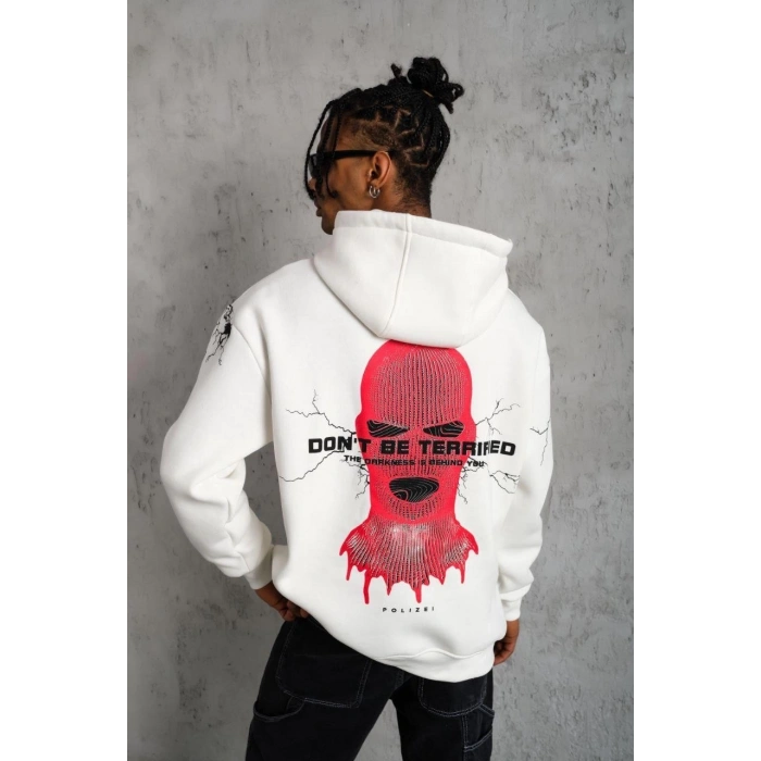 Maske Baskılı Kapüşonlu Sweat - Beyaz