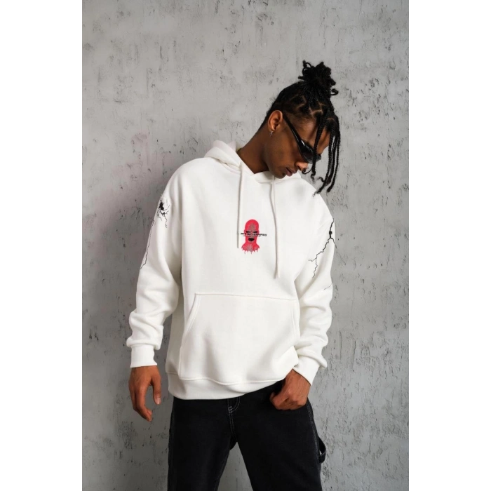 Maske Baskılı Kapüşonlu Sweat - Beyaz