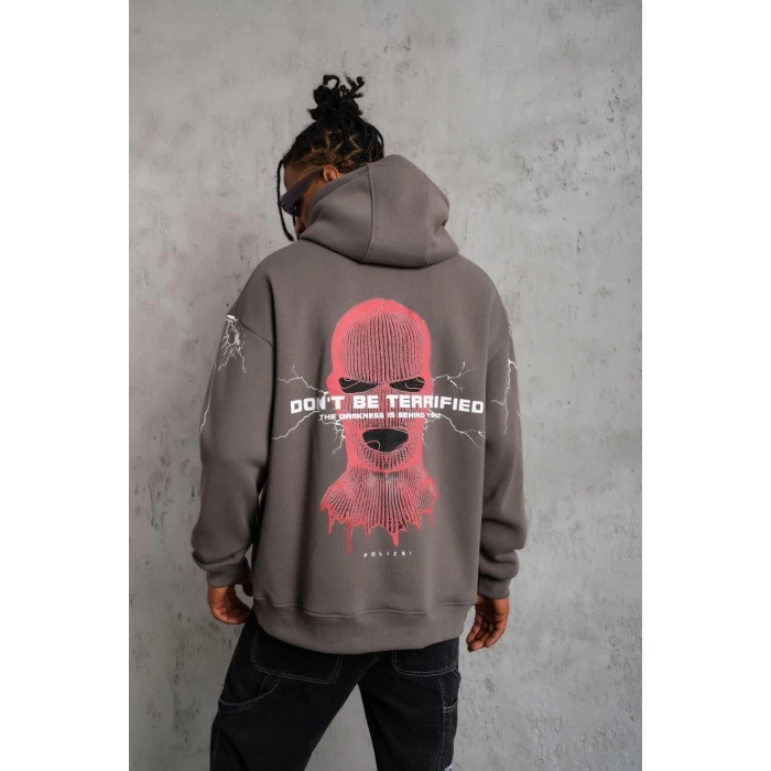 Maske Baskılı Kapüşonlu Sweat - Gri