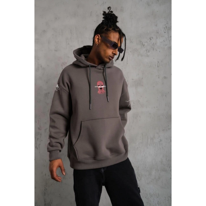 Maske Baskılı Kapüşonlu Sweat - Gri