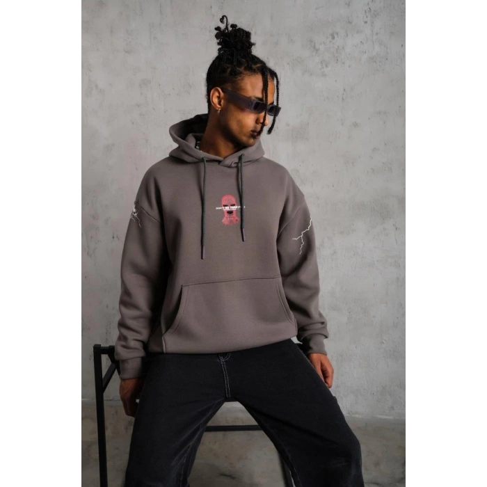 Maske Baskılı Kapüşonlu Sweat - Gri