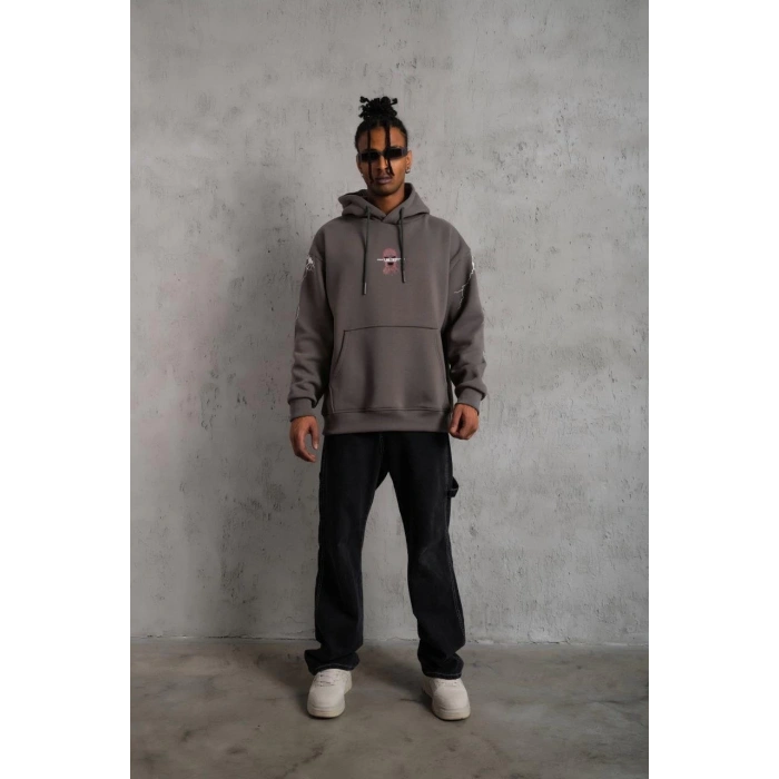 Maske Baskılı Kapüşonlu Sweat - Gri