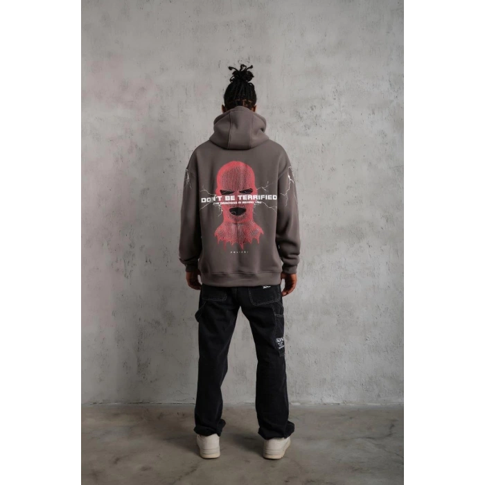 Maske Baskılı Kapüşonlu Sweat - Gri