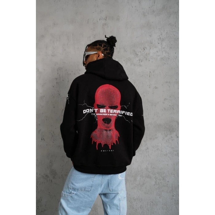 Maske Baskılı Kapüşonlu Sweat - Siyah