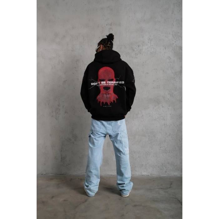 Maske Baskılı Kapüşonlu Sweat - Siyah