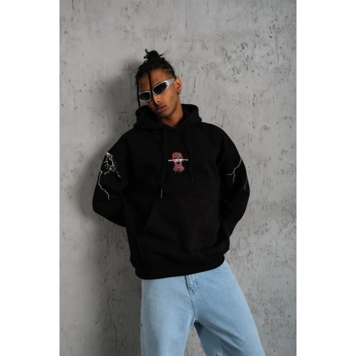 Maske Baskılı Kapüşonlu Sweat - Siyah