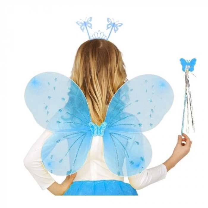 Mavi Kelebek Erkek-Kız Seti – 50 cm Kelebek Kanadı, Taç ve Asa