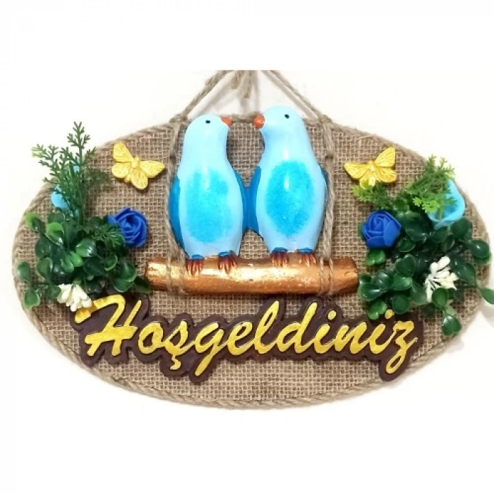 Mavi Kuşlu Hoşgeldiniz Yazılı Kapı Süsü