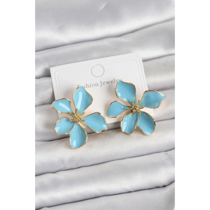 Mavi Mineli Çiçek Model Pirinç Kadın Küpe - TJ-BKP11726